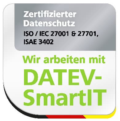 Seal: Works with DATEV SmartIT. The provider is certified to ISO/IEC 27001 and 27701 and to ISAE 3402 for data protection.